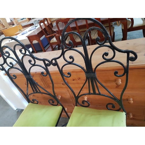 208 - Pair of Art Nouveau Style Wrought Iron Chairs with Decorative Backrest and Light Green Upholstery, (... 