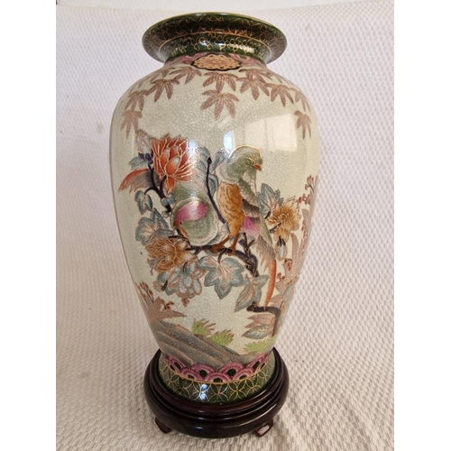 197 - Large Chinese Vase with Bird and Floral Decorative, Over Wooden Base, (Approx. H: 39cm)