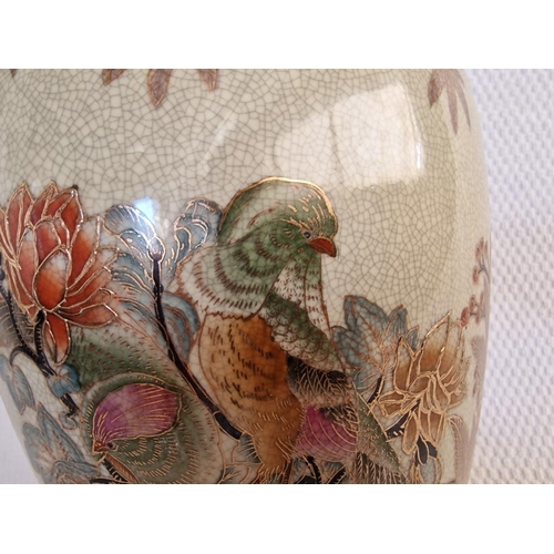 197 - Large Chinese Vase with Bird and Floral Decorative, Over Wooden Base, (Approx. H: 39cm)