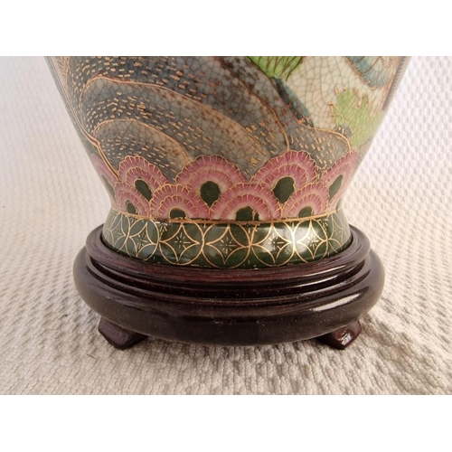 197 - Large Chinese Vase with Bird and Floral Decorative, Over Wooden Base, (Approx. H: 39cm)