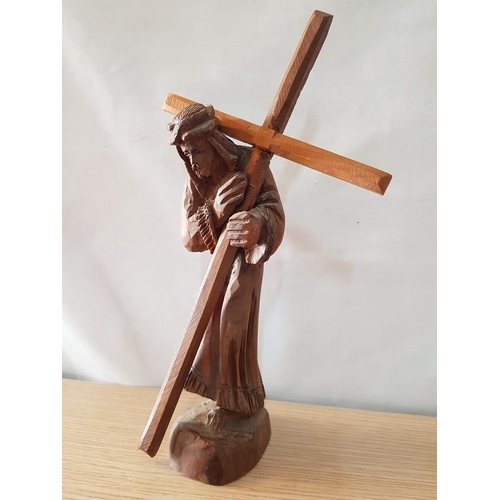 695 - Hand Carved Statue of Jesus Carrying the Cross to Calvary, Unknown Artist, (Approx. H: 26cm)