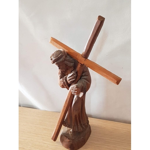 695 - Hand Carved Statue of Jesus Carrying the Cross to Calvary, Unknown Artist, (Approx. H: 26cm)