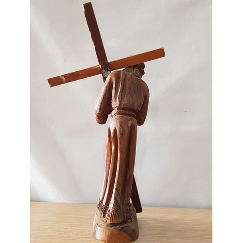 695 - Hand Carved Statue of Jesus Carrying the Cross to Calvary, Unknown Artist, (Approx. H: 26cm)