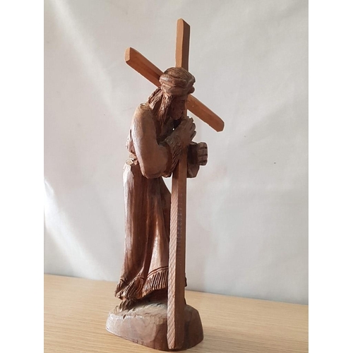 695 - Hand Carved Statue of Jesus Carrying the Cross to Calvary, Unknown Artist, (Approx. H: 26cm)