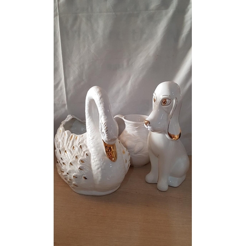 679 - Large White Ceramic Swan Planter, Together with White Ceramic Dog Figurine, (2)