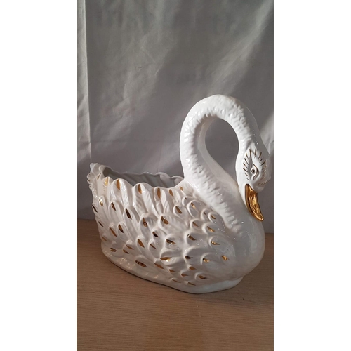 679 - Large White Ceramic Swan Planter, Together with White Ceramic Dog Figurine, (2)