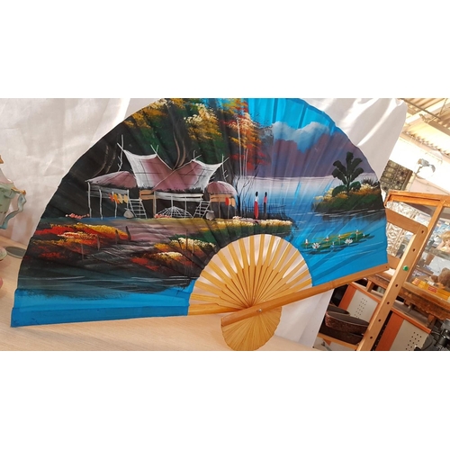 685 - Large Oriental Wall Hanging Hand Painted Fan, (Fabric & Bamboo)