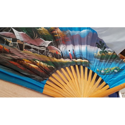 685 - Large Oriental Wall Hanging Hand Painted Fan, (Fabric & Bamboo)