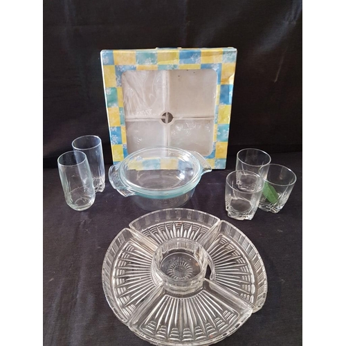 701 - Assorted Kitchen Items; Snack Dishes, Pyrex Dish with Lid and 5 x Ordinary Glasses, (8)