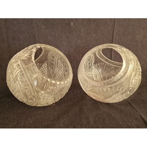 704 - Pair of Spherical Shape Crystal Baskets / Sweet Dishes with Carrying Handles, (Approx. Ø: 20cm), (2)