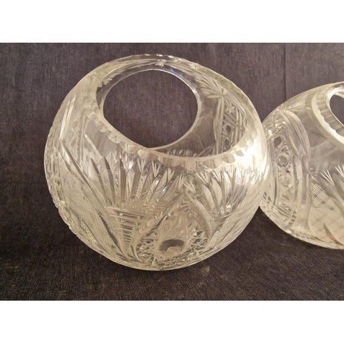 704 - Pair of Spherical Shape Crystal Baskets / Sweet Dishes with Carrying Handles, (Approx. Ø: 20cm), (2)