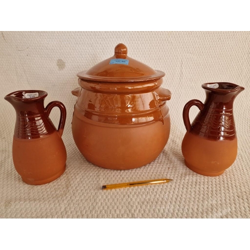 708 - Spanish Terracotta Casserole / Crock Pot with Lid, Together with Pair of Similar Part Glazed Terraco... 