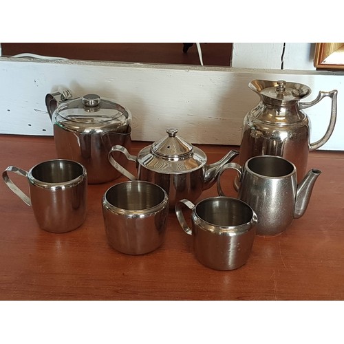 711 - Retro Style Stainless Steel Tableware; 3 x Tea / Coffee Pots, 2 x Milk Jugs, Sugar Bowl and Hot Wate... 