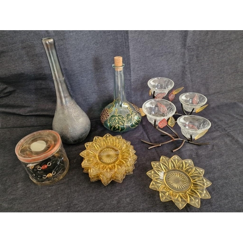 691 - Hand Painted Glass Decanter with Leaf Pattern, Tall Vase, Set of 6 x 'Sun' Shape Yellow Glass Plates... 