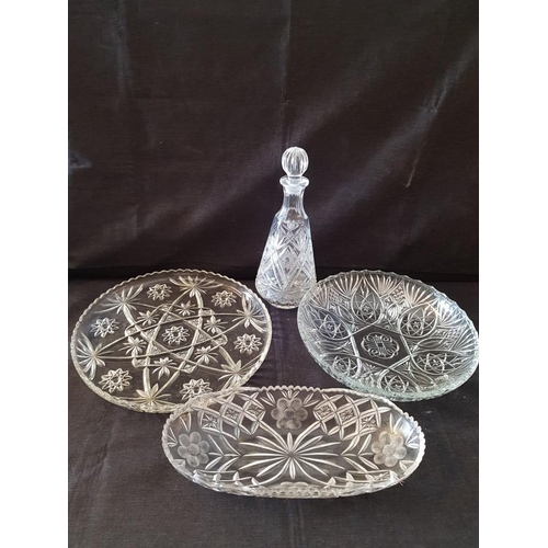 702 - Crystal and Cut Glass Tableware; Decanter with Stopper, 2 x Round Large Platters / Serving Dishes / ... 