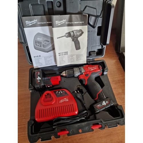 100 - Milwaukee 'M12 Fuel' 12v Cordless Drill in Fitted Case with 2 x Lithium-Ion Batteries, Charger and M... 