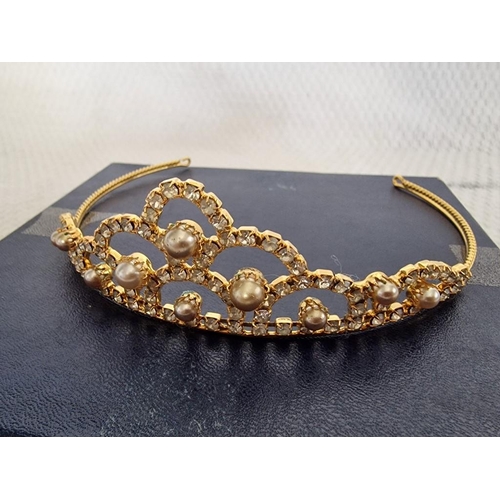 15 - Decorative Tiara; Gold Tone with Clear Stones and Simulated Pearls