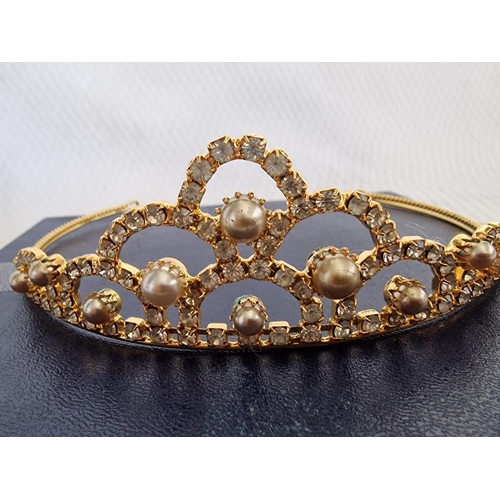 15 - Decorative Tiara; Gold Tone with Clear Stones and Simulated Pearls