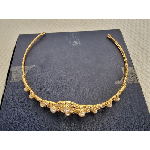 15 - Decorative Tiara; Gold Tone with Clear Stones and Simulated Pearls