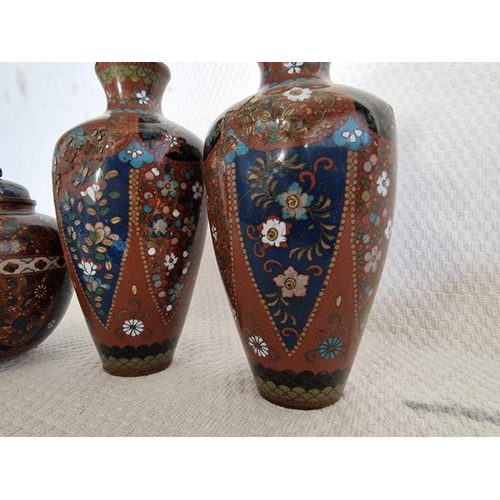 391 - Decorative Pair of Cloisonne Vases and Lidded Ginger Jar, (Approx. Max. H: 18cm), (a/f), (3)