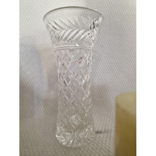 392 - Decorative Metal 5-Candle Holder, (Approx. L: 62cm, Together with Glass Vase with Beaded Decorative ... 