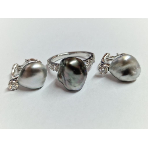 169 - Mikimoto 18kt White Gold, Diamond and South Sea Baroque Black Pearl Earrings and Ring Set; Ring has ... 