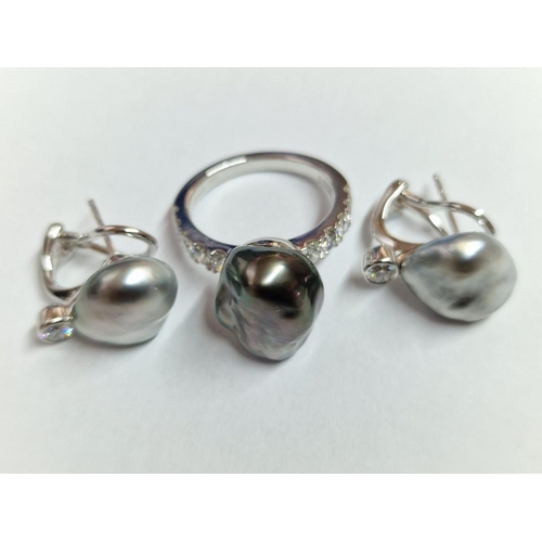 169 - Mikimoto 18kt White Gold, Diamond and South Sea Baroque Black Pearl Earrings and Ring Set; Ring has ... 