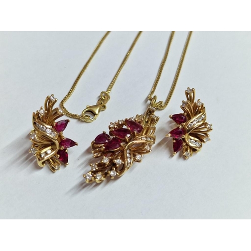 171 - 18ct Gold, Diamond and Ruby Set of Earrings and Matching Pendant on Necklace; Very Decorative & Eleg... 