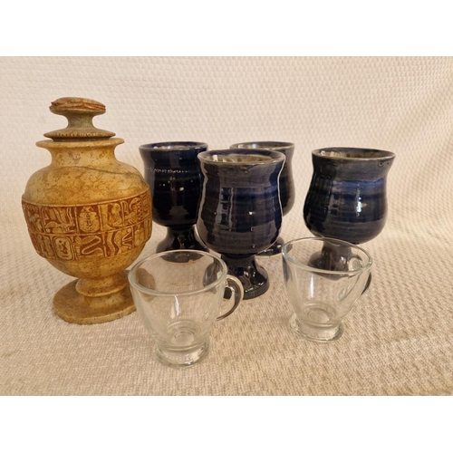 457 - Set of 4 x Glazed Pottery Goblets, Together with Pair of Glasses and Stone Effect Lidded Urn, (7)