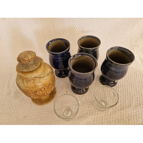 457 - Set of 4 x Glazed Pottery Goblets, Together with Pair of Glasses and Stone Effect Lidded Urn, (7)