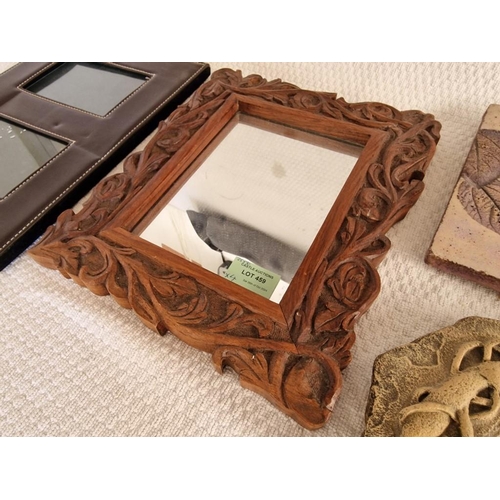 459 - Wall Mirror with Carved Wood Frame, (Approx. 25 x 30cm), Together with Leather Photo Frame and 2 x S... 