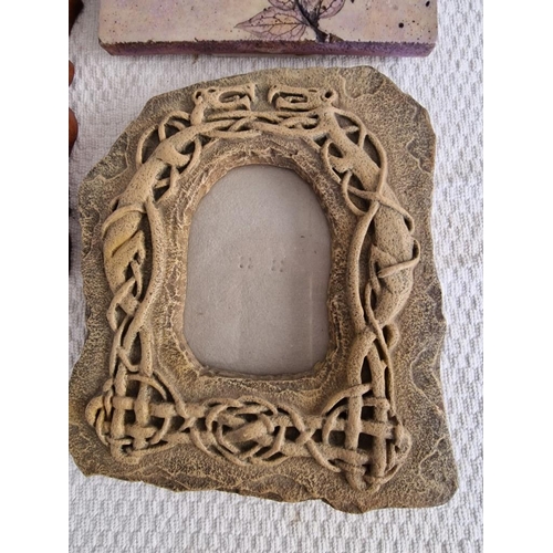 459 - Wall Mirror with Carved Wood Frame, (Approx. 25 x 30cm), Together with Leather Photo Frame and 2 x S... 