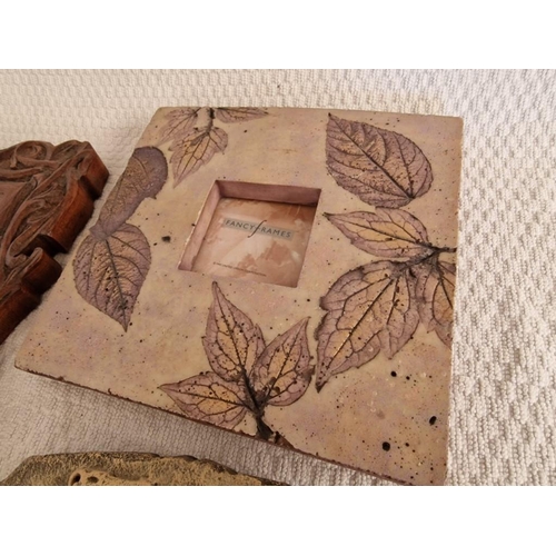 459 - Wall Mirror with Carved Wood Frame, (Approx. 25 x 30cm), Together with Leather Photo Frame and 2 x S... 