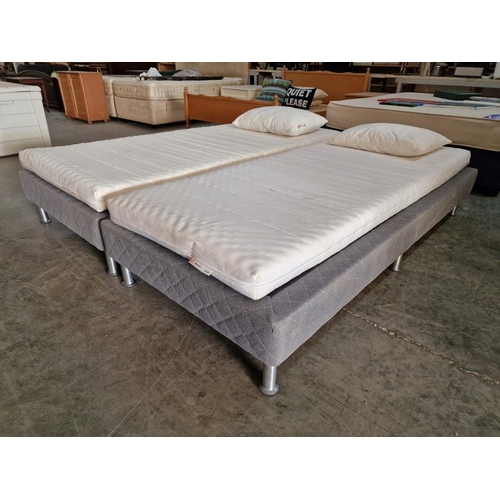 487 - 2 x Single Bed Bases with Grey Fabric Surround (Approx. 90 x 200cm), Together with 2 x IKEA 'Moshult... 