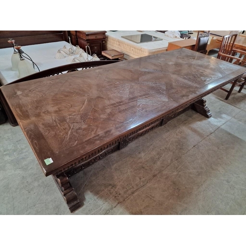 267 - Farmhouse or 'Medieval Banquet' Style, Heavy / Think Solid Wood Dining Table, with Substantial Heavi... 