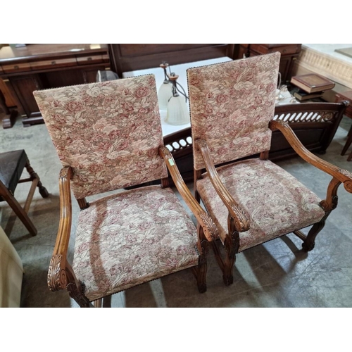 271 - Pair of Vintage Wooden Armchairs with Carved Scroll Arms and Studded Padded Fabric Seats and Back Re... 