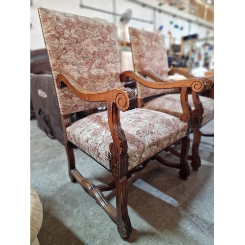 271 - Pair of Vintage Wooden Armchairs with Carved Scroll Arms and Studded Padded Fabric Seats and Back Re... 