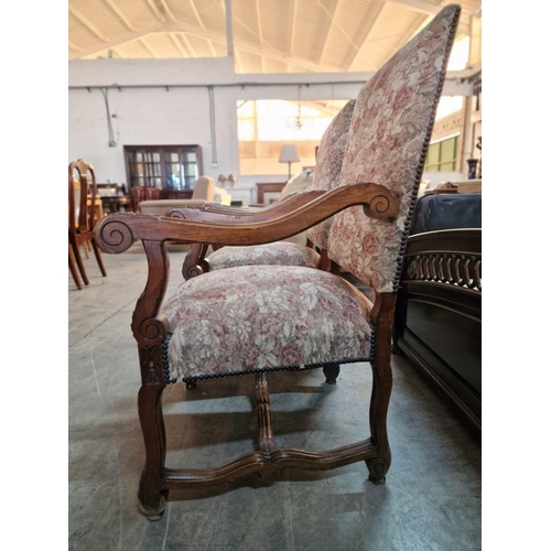 271 - Pair of Vintage Wooden Armchairs with Carved Scroll Arms and Studded Padded Fabric Seats and Back Re... 