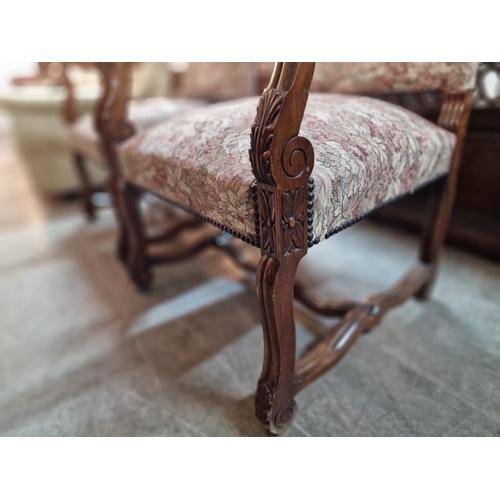 271 - Pair of Vintage Wooden Armchairs with Carved Scroll Arms and Studded Padded Fabric Seats and Back Re... 