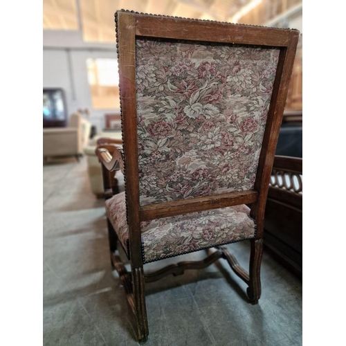 271 - Pair of Vintage Wooden Armchairs with Carved Scroll Arms and Studded Padded Fabric Seats and Back Re... 