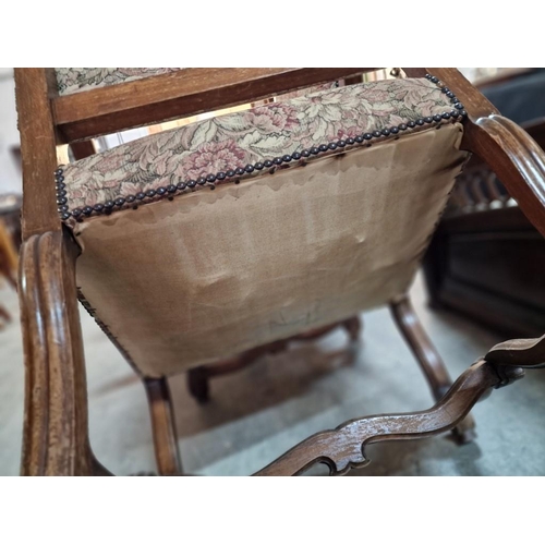 271 - Pair of Vintage Wooden Armchairs with Carved Scroll Arms and Studded Padded Fabric Seats and Back Re... 