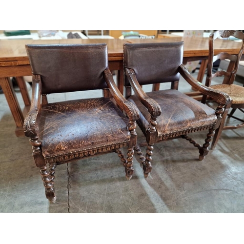 273 - Pair of Antique Armchairs with Carved Scroll Arms, Padded Studded Leather Seat and Back Rest, Over B... 