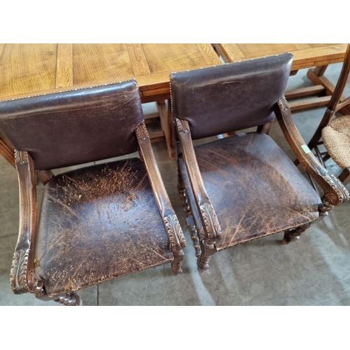 273 - Pair of Antique Armchairs with Carved Scroll Arms, Padded Studded Leather Seat and Back Rest, Over B... 