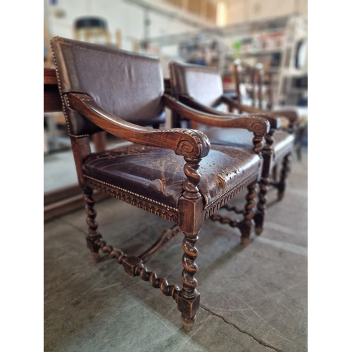 273 - Pair of Antique Armchairs with Carved Scroll Arms, Padded Studded Leather Seat and Back Rest, Over B... 