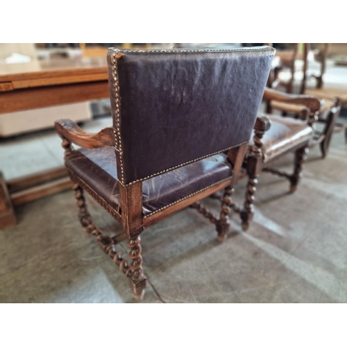 273 - Pair of Antique Armchairs with Carved Scroll Arms, Padded Studded Leather Seat and Back Rest, Over B... 