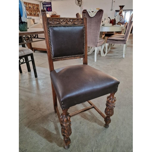 278 - Pair of Antique Carved Wood Chairs with Padded & Studded Leather Seat and Back Rests and Pineapple F... 