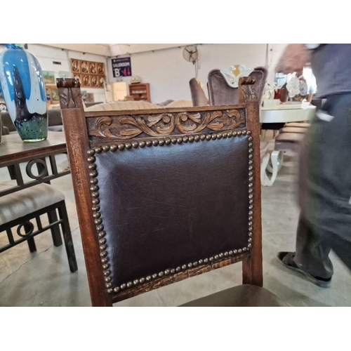 278 - Pair of Antique Carved Wood Chairs with Padded & Studded Leather Seat and Back Rests and Pineapple F... 