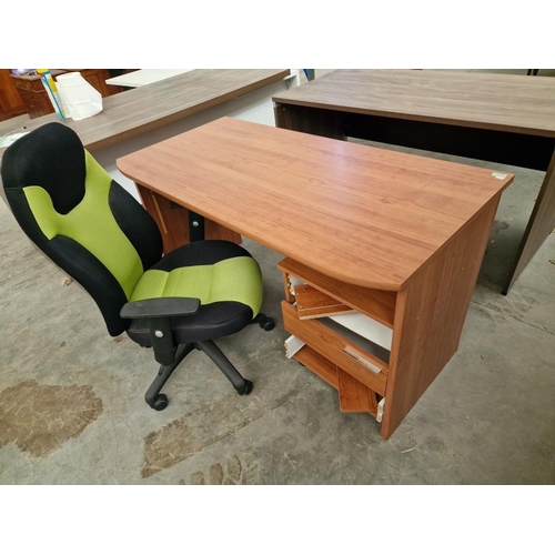 492 - Cherry Colour Wood Effect Office Desk with Drawers (a/f), Together with Black & Lime Green Office Ch... 