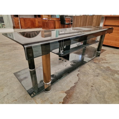 493 - Black Glass TV Unit with Drop Curved Front and Lower Shelves, (Approx. 160 x 45 x 54cm), (a/f)