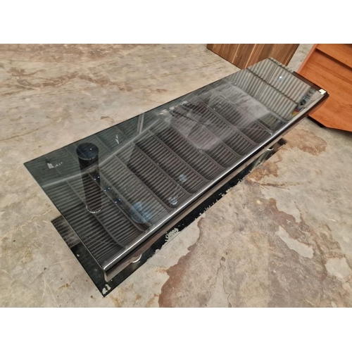 493 - Black Glass TV Unit with Drop Curved Front and Lower Shelves, (Approx. 160 x 45 x 54cm), (a/f)